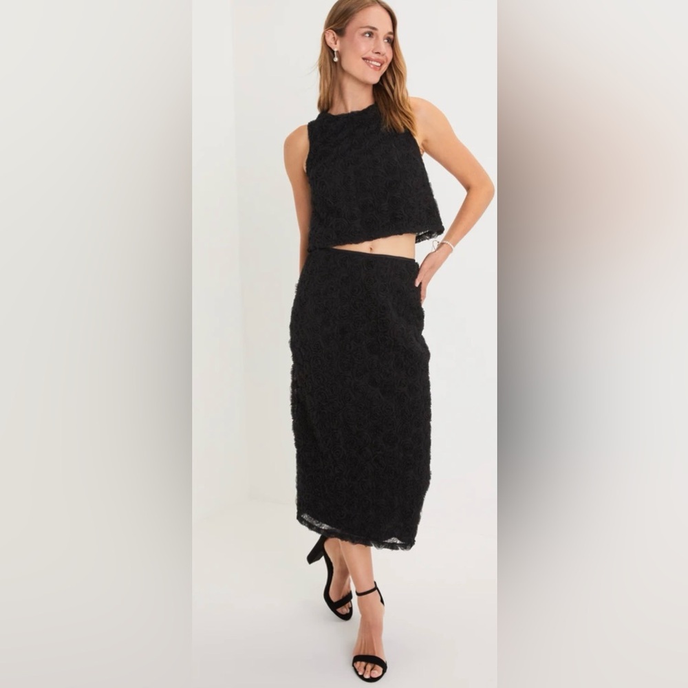 Lulu’s Luxurious Energy Black Tulle Rosette High-Waisted Midi Skirt in Black - Picture 1 of 13